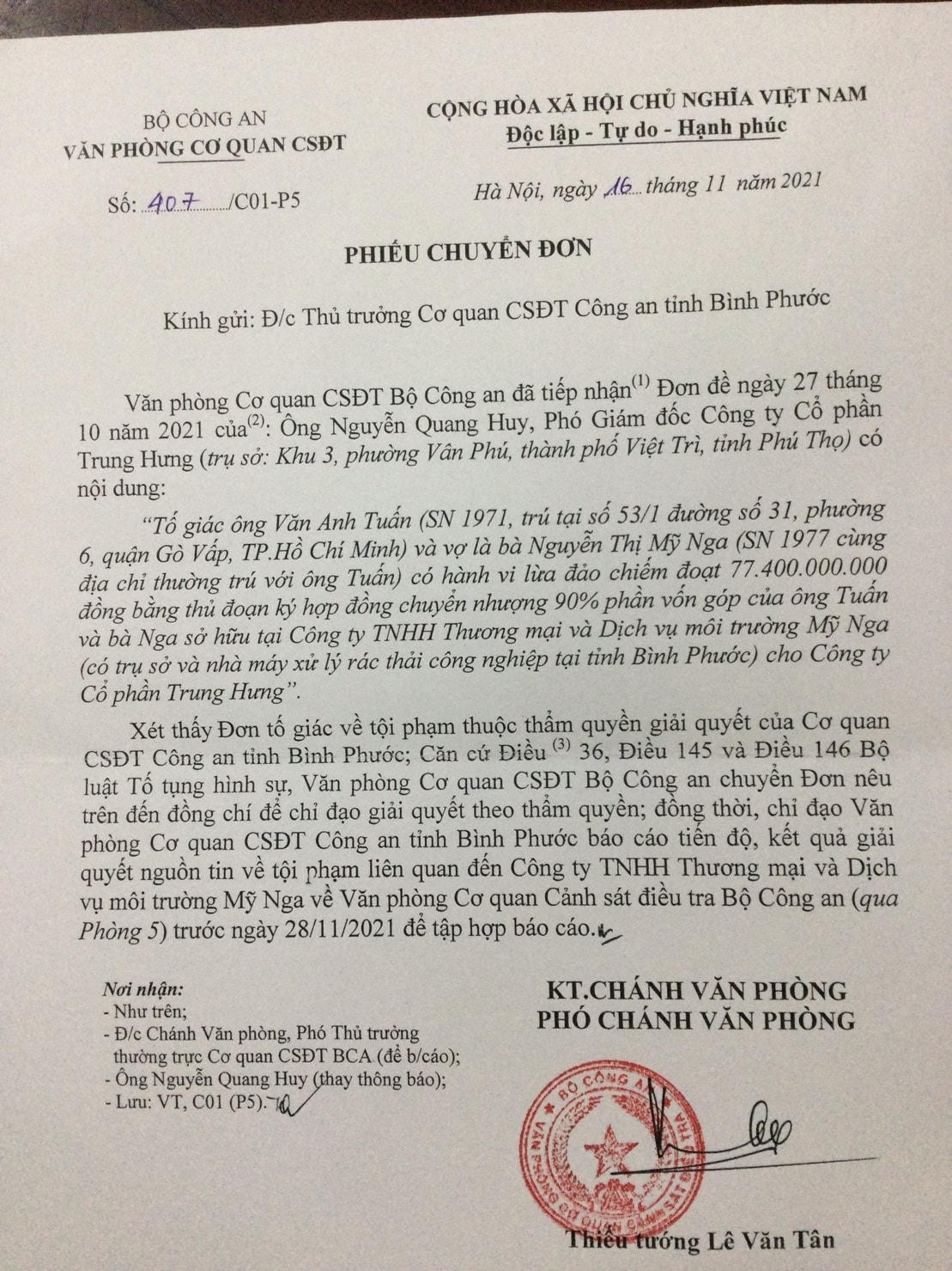 Văn phòng Cơ quan Cảnh sát điều tra, Bộ Công an đã có văn bản gửi Thủ trưởng Cơ quan Cảnh sát điều tra, Công an tỉnh Bình Phước chỉ đạo, giải quyết đơn tố giác 