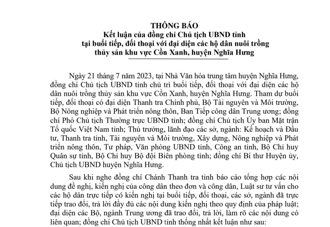Thông báo của Văn phòng UBND tỉnh Nam Định ngày 25/7.