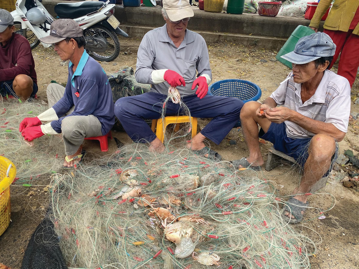 Ngư dân Phước Hải gỡ ghẹ đỏ.  