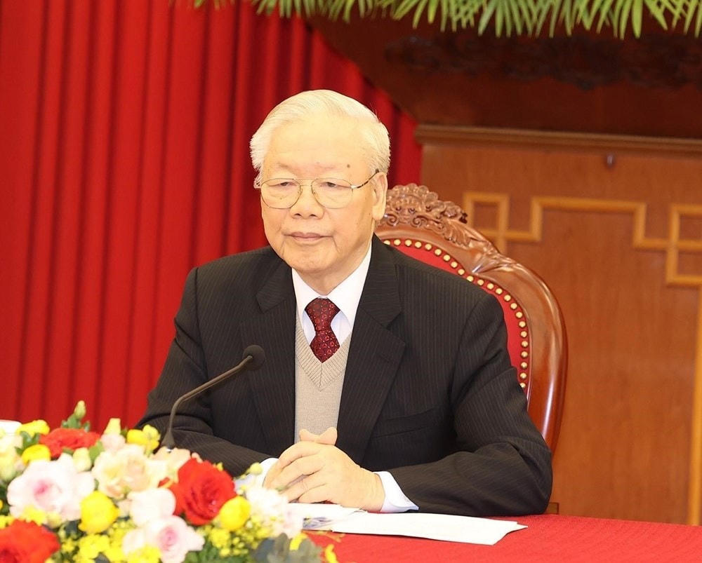 Tổng Bí thư Nguyễn Phú Trọng điện đàm cấp cao với Tổng thống Hoa Kỳ Joe Biden. (Ảnh: Trí Dũng/TTXVN).