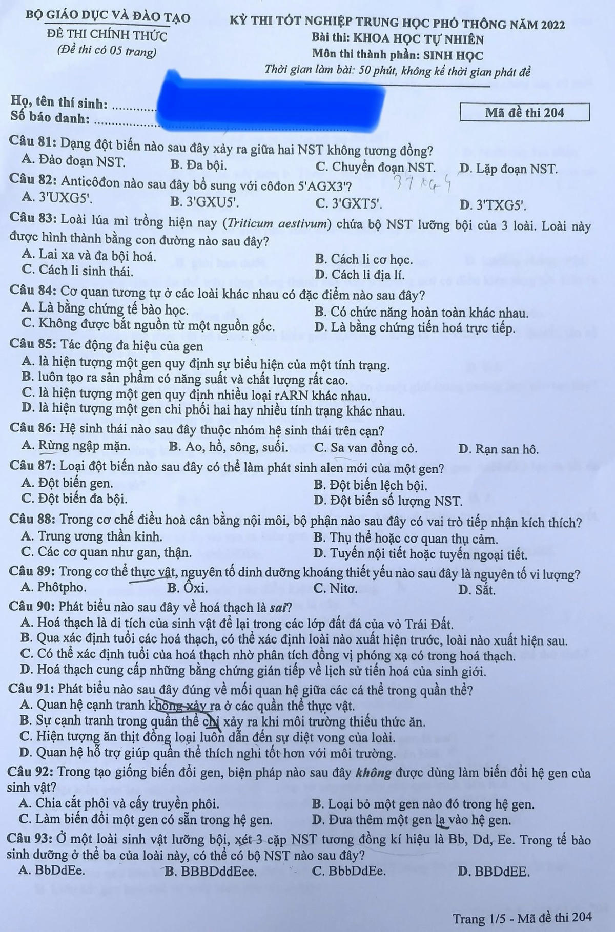 Đề thi môn Sinh học, mã đề thi 204.