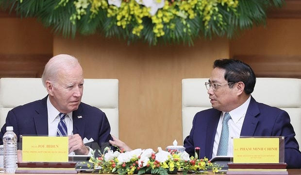 Thủ tướng Phạm Minh Chính và Tổng thống Joe Biden tại Hội nghị cấp cao Việt Nam-Hoa Kỳ về Đổi mới sáng tạo và Đầu tư. (Ảnh: Dương Giang/TTXVN).