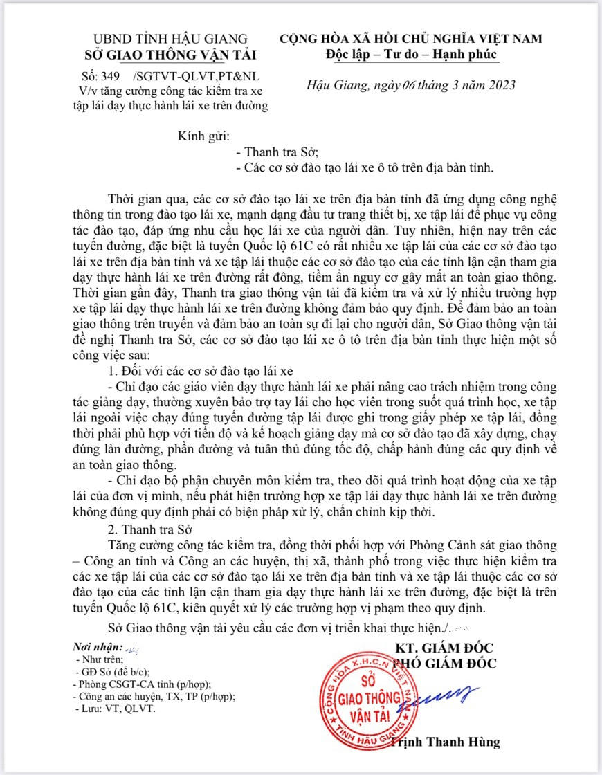 Sở GTVT tỉnh Hậu Giang vừa chỉ đạo Thanh tra giao thông kiểm tra và xử lý nghiêm các trường hợp dạy thực hành lái xe trên đường không đảm bảo quy định.