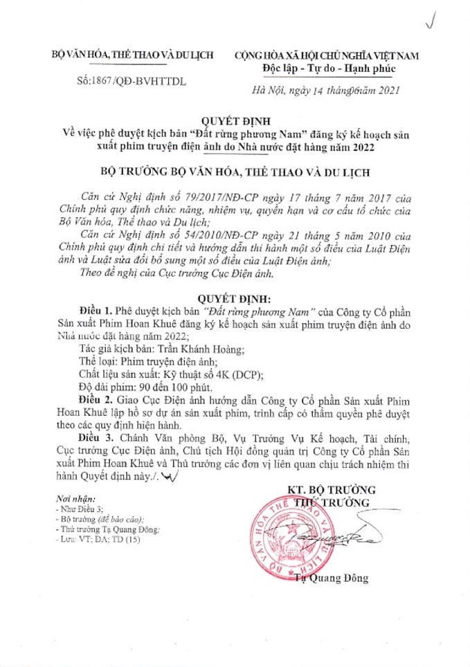 Quyết định phê duyệt kịch bản "Đất rừng phương Nam" đăng ký kế hoạch sản xuất phim truyện điện ảnh do Nhà nước đặt hàng năm 2022.