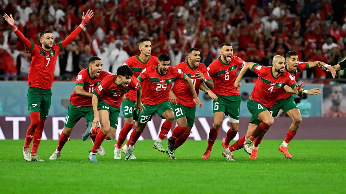 Morocco ăn mừng chiến thắng trước Pháp. Ảnh: ESPN.