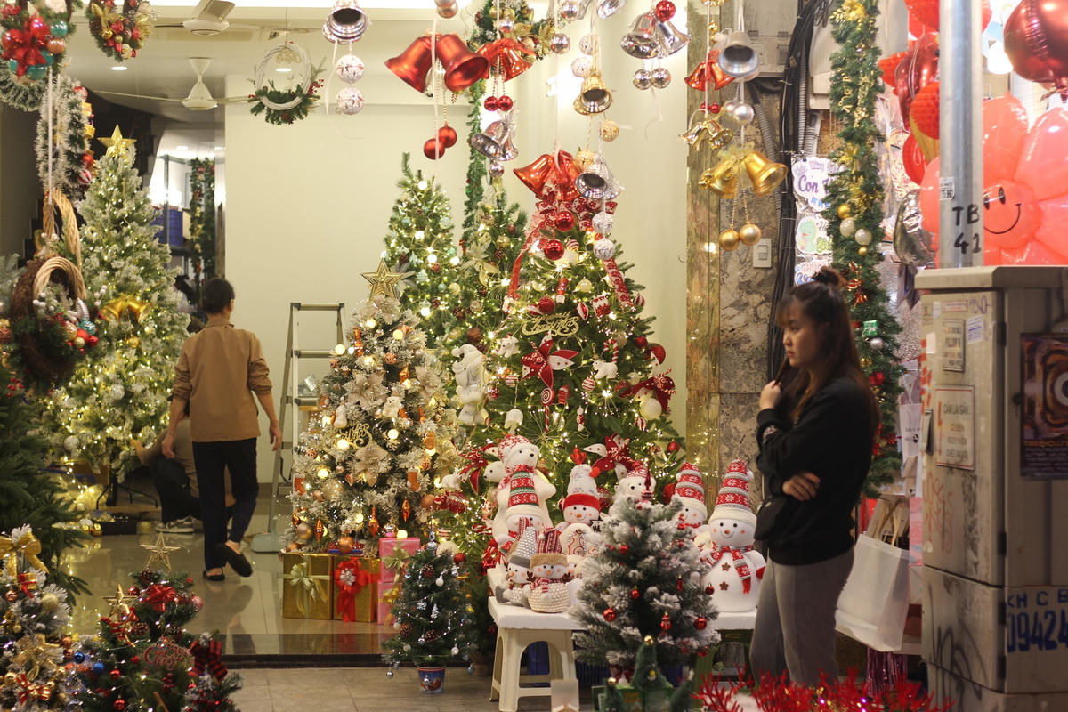 Những cây thông Noel ngập sắc lung linh dưới ánh đèn. 