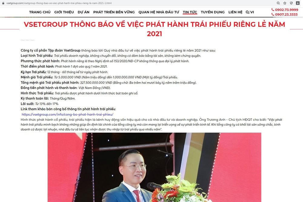 Thông tin Công ty VsetGroup chào bán trái phiếu "chui".