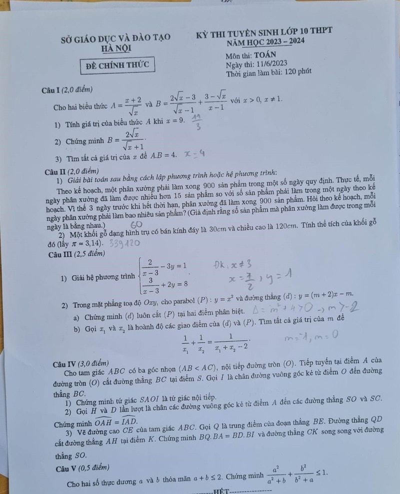 Đề thi môn Toán tuyển sinh lớp 10 THPT tại Hà Nội năm 2023 