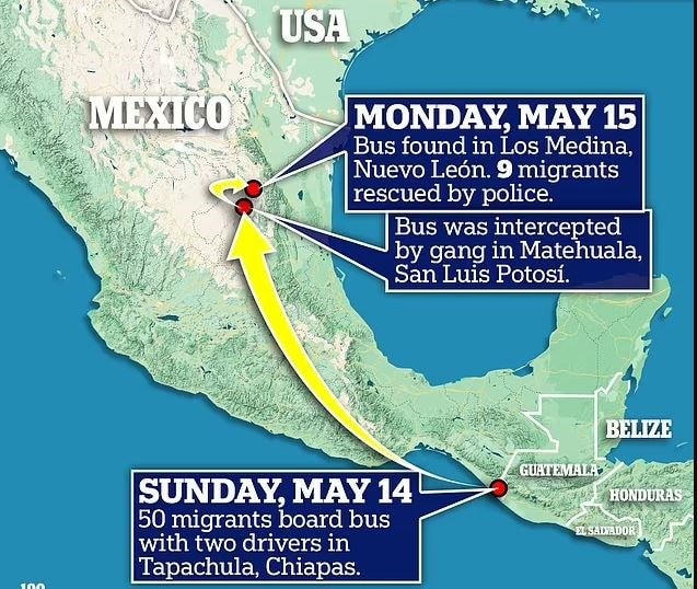52 người Mexco di cư đến Mỹ bằng xe buýt bị bắt cóc tại bang Nuevo Leon. (Nguồn: Daily Mail).