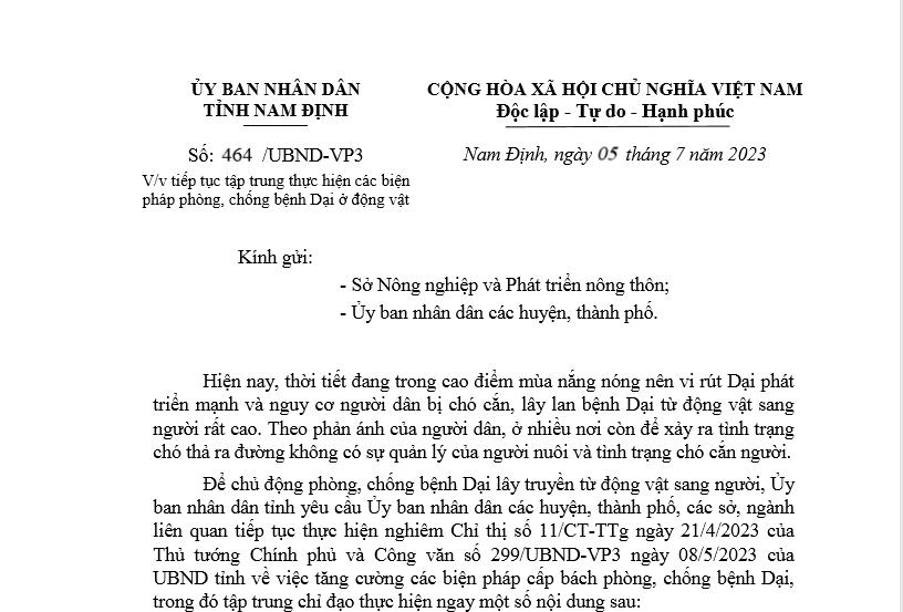 Văn bản chỉ đạo của UBND tỉnh Nam Định.