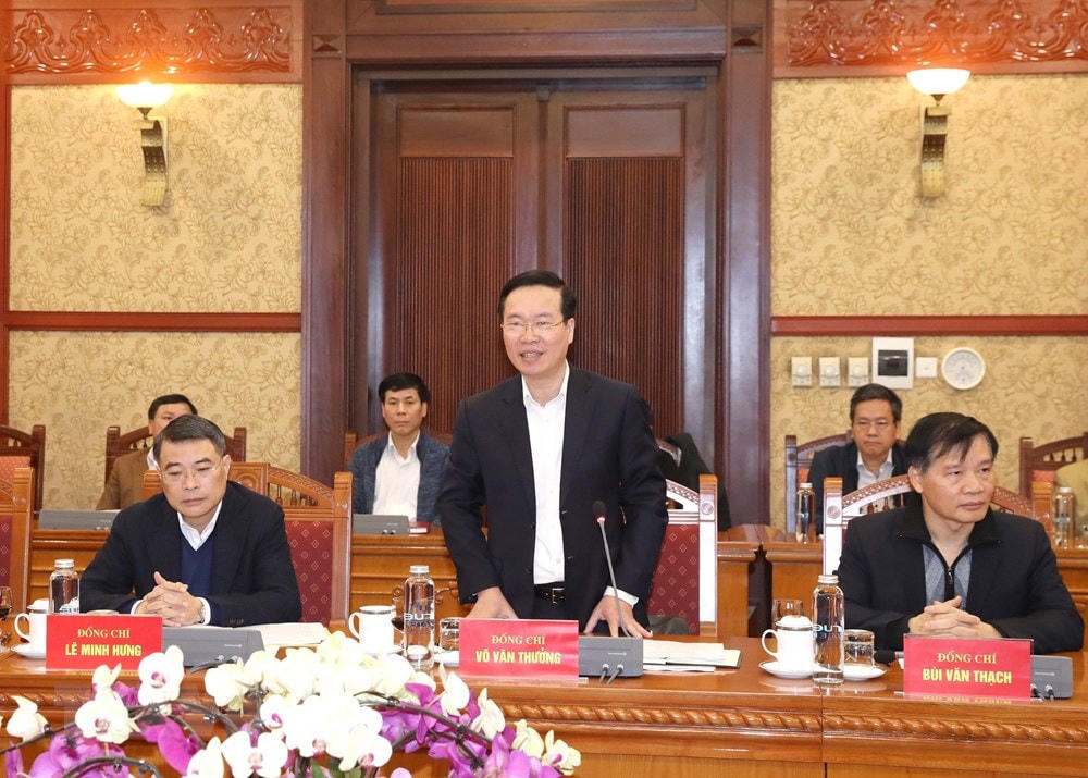 Ông Võ Văn Thưởng, Ủy viên Bộ Chính trị, Thường trực Ban Bí thư phát biểu chỉ đạo hội nghị. (Ảnh: Phương Hoa/TTXVN).