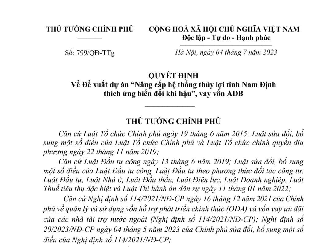 Văn bản quyết định của Thủ tướng Chính phủ.