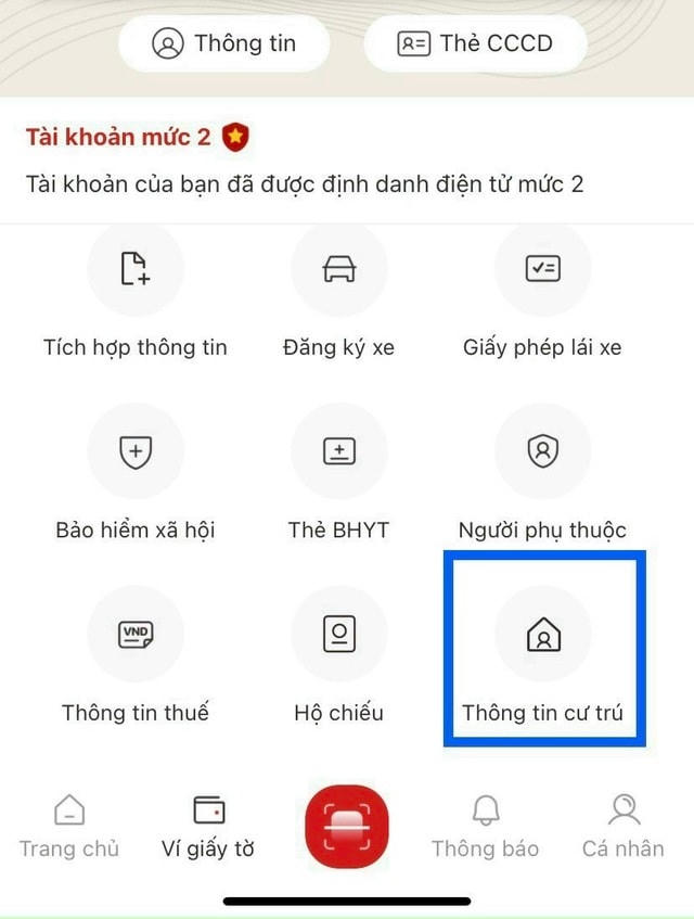 Ứng dụng VNeID đã cập nhật tính năng "Thông tin cư trú" (Ảnh chụp màn hình).