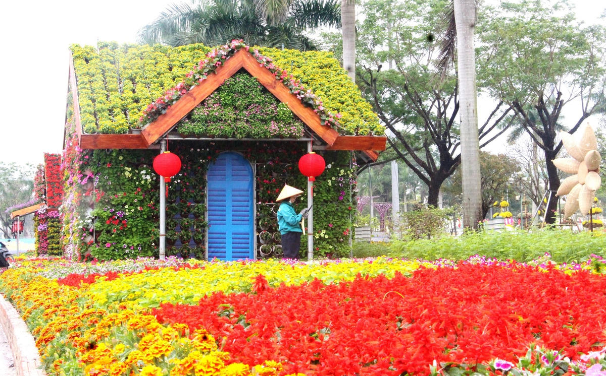 Những ngôi nhà được làm bằng các chậu hoa đầy màu sắc.