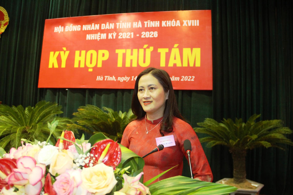 Phó Chủ tịch Ủy ban MTTQ tỉnh Hà Tĩnh Phạm Thị Thu Hà báo cáo tại kỳ họp.