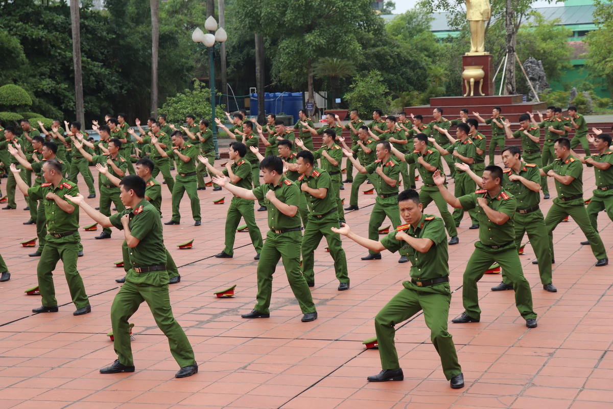 Các chiến sĩ thực hiện các động tác võ thuật trong buổi tập huấn.