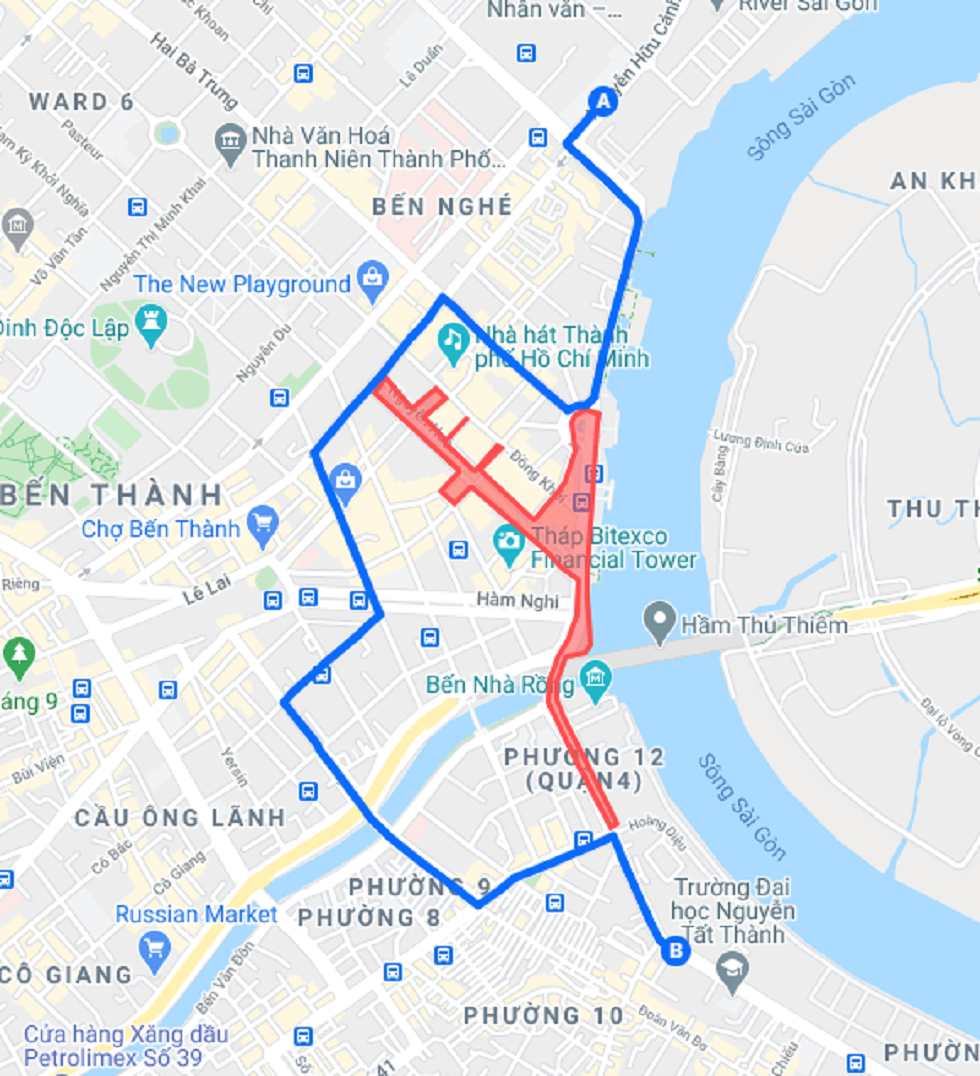 Lộ trình từ Quận 1 đi Quận 4: đường Tôn Đức Thắng (Quận 1)→ Công trường Mê Linh → đường Hai Bà Trưng → đường Lê Thánh Tôn → đường Nam Kỳ Khởi Nghĩa → đường Nguyễn Thái Bình (hoặc đường Nguyễn Công Trứ) → đường Calmette → cầu Calmette → đường Đoàn Văn Bơ → đường Hoàng Diệu → đường Nguyễn Tất Thành (Quận 4).