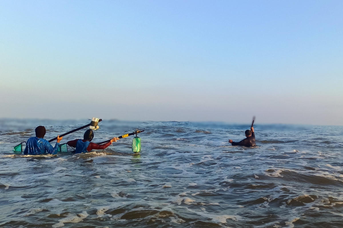 Anh Tịnh cùng nhiều người ngâm mình trong nước biển để cào ốc gạo.