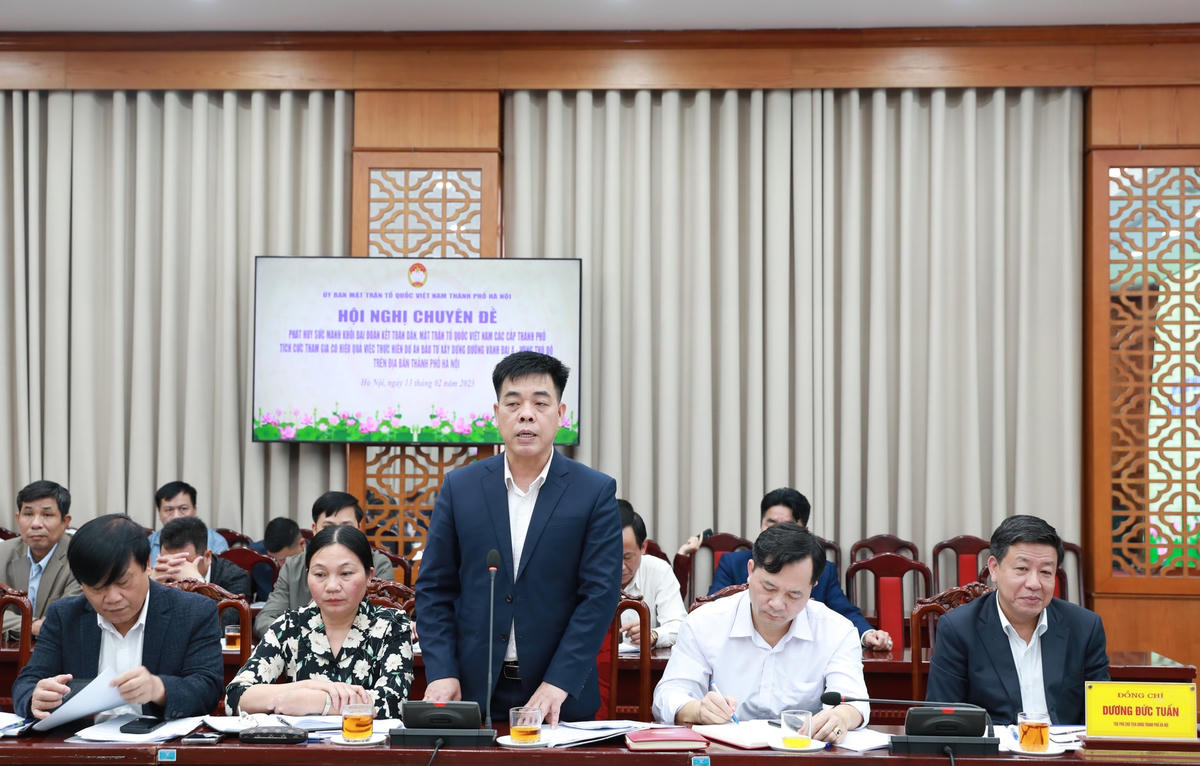 Ông Lê Tuấn Dũng, Chủ tịch Ủy ban MTTQ Việt Nam  huyện Thường Tín phát biểu tại hội nghị.