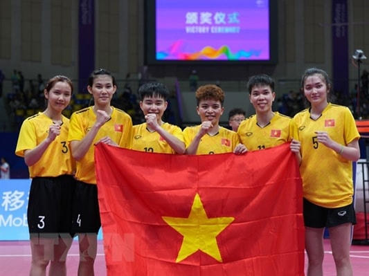 Cầu mây nữ Việt Nam góp công lớn vào thành tích của đoàn Thể thao Việt Nam tại ASIAD 19. Ảnh: TTX.
