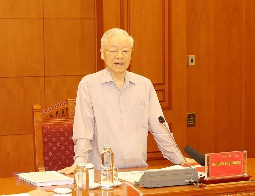 Tổng Bí thư Nguyễn Phú Trọng phát biểu chỉ đạo cuộc họp.(Ảnh: Trí Dũng/TTXVN).