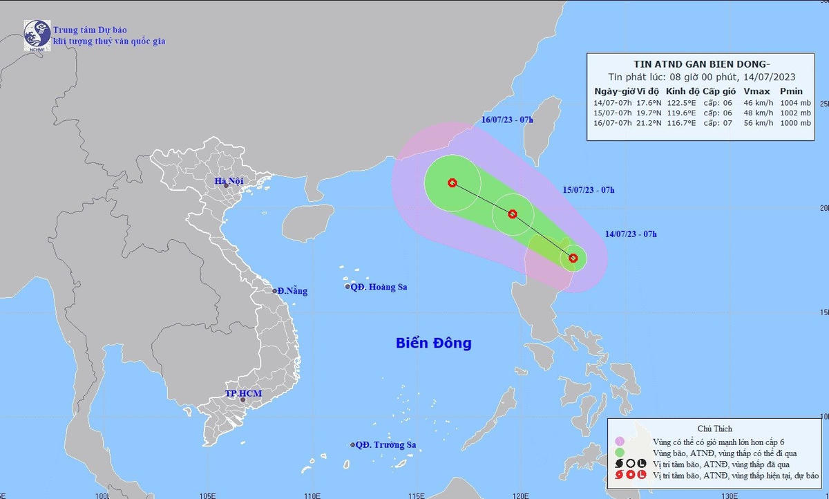 Hướng di chuyển của áp thấp nhiệt đới hồi 8h sáng nay (14/7).