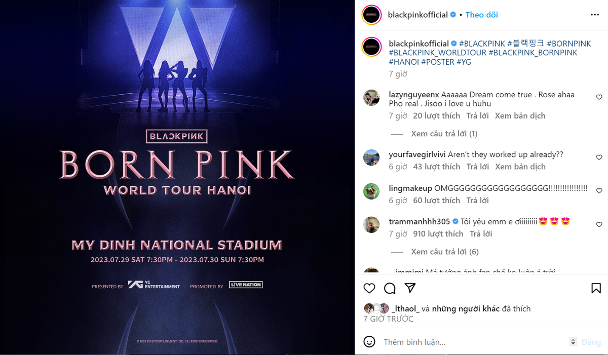 Thông báo chính thức về việc Blackpink sẽ tới Việt Nam lưu diễn được đăng trên fanpage chính thức của nhóm nhạc. Ảnh chụp màn hình.  
