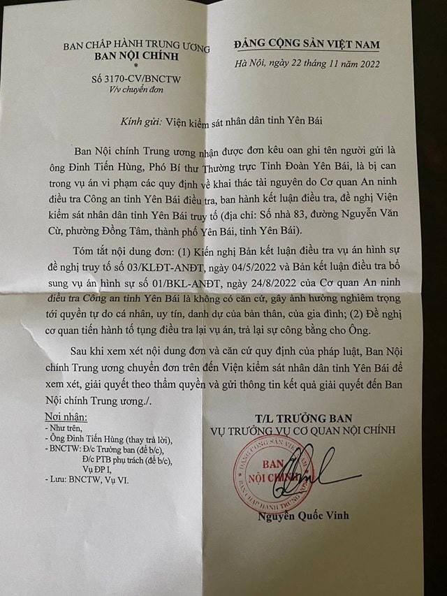 Trước đó, Ban nội chính Trung ương đã có văn bản gửi Viện kiểm sát nhân dân tỉnh Yên Bái xem xét, giải quyết theo thẩm quyền và gửi thông tin kết quả giải quyết vụ án mà nguyên Phó Bí thư Tỉnh đoàn Yên Bái Đinh Tiến Hùng có đơn kêu oan.