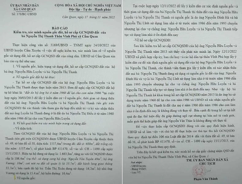 Trong báo cáo của UBND xã Cẩm Quan nêu: Để việc thực hiện cấp GCNQSDĐ đúng với các quy định hiện hành, UBND xã sẽ làm việc với chủ hộ để thực hiện các thủ tục thu hồi GCNQSDĐ theo quy định tại điều 106 của Luật đất đai 2014 đối với thửa đất số 49, tờ bản đồ 38, số phát hành BP 411470, số vào sổ CH – 1490 cấp ngày 13/11/2013, của bà Nguyễn Thị Thanh theo quy định.