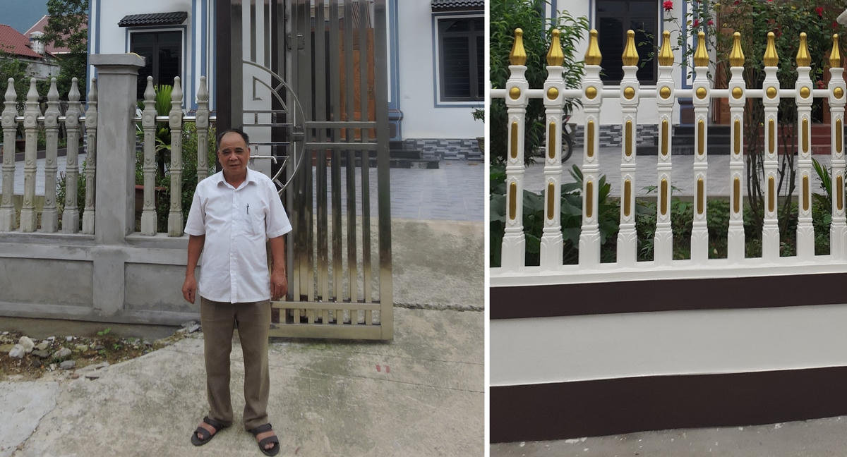 Ông Vũ Văn Luận là người tiên phong phá dỡ hàng rào hiến đất làm đường (bên phải là hàng rào lúc chưa bị dỡ, bên trái là hàng rào mới được xây dựng lại).
