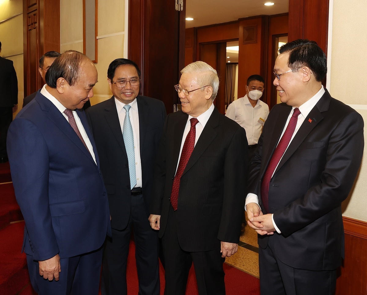 Tổng Bí thư Nguyễn Phú Trọng, Chủ tịch nước Nguyễn Xuân Phúc, Thủ tướng Phạm Minh Chính và Chủ tịch Quốc hội Vương Đình Huệ tại Hội nghị.  Ảnh: Trí Dũng-TTXVN