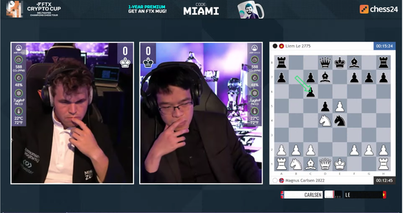 "Vua cờ" Magnus Carlsen đòi nợ thành công thất bại trước Quang Liêm hồi tháng 4 (Ảnh: Chess24).
