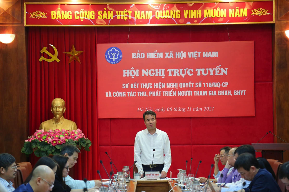Tổng Giám đốc BHXH Việt Nam Nguyễn Thế Mạnh chỉ đạo tại Hội nghị sơ kết thực hiện Nghị quyết 116/NQ-CP tháng 11/2021.