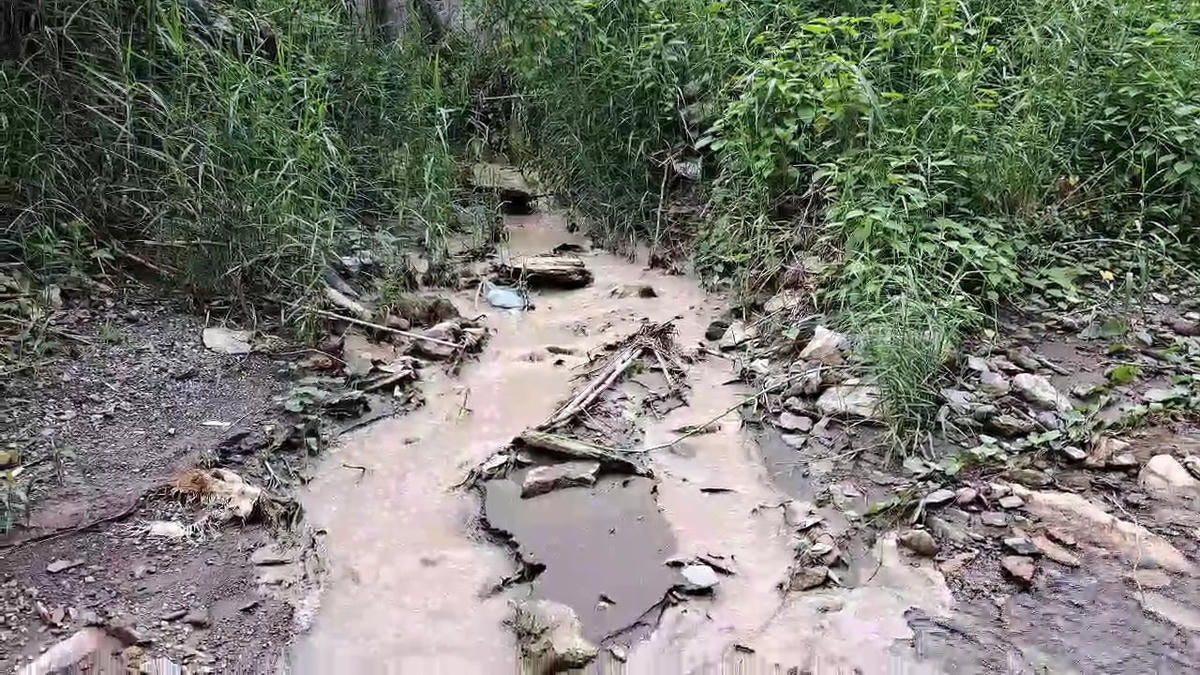 Dòng nước thải màu trắng đục chảy từ trạm trộn bê tông Minh Thành ra dòng suối Chăm ngày 6/8/2023.