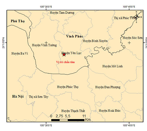 Vị trí tâm chấn xảy ra trận động đất sáng nay ở Vĩnh Phúc. Ảnh: Viện Vật lý Địa cầu.  