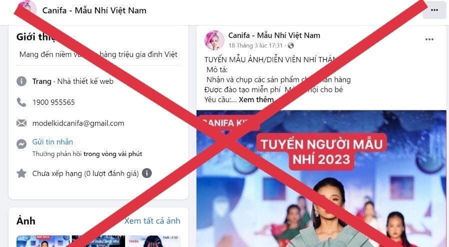 Trang Fanpage mạo danh tuyển mẫu nhí. Ảnh: nhân vật cung cấp.