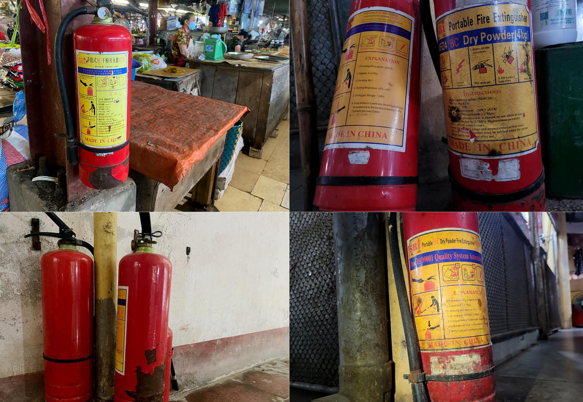 Nhiều bình chữa cháy được xuất xứ từ Trung Quốc nhưng tem kiểm định đã bong tróc, khó có thể biết được hiệu lực còn hay không.