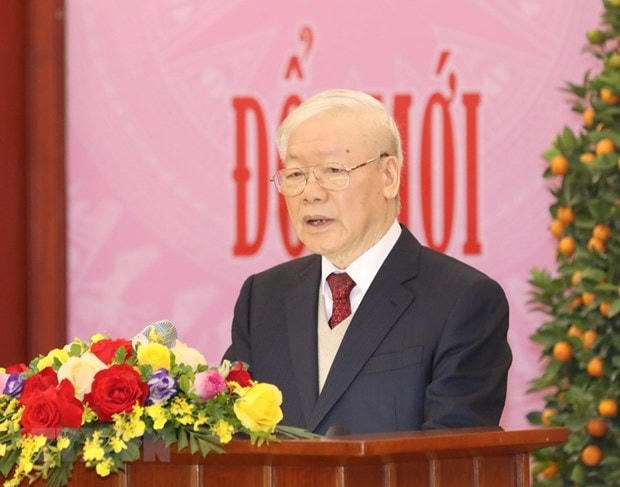 Tổng Bí thư Nguyễn Phú Trọng chúc Tết các lãnh đạo và nguyên lãnh đạo Đảng, Nhà nước. Ảnh: Phương Hoa/TTXVN.