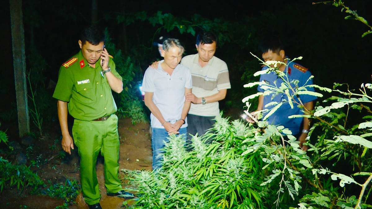 đối tượng Lê Đình Đệ bị lực lượng chức năng bắt giữ tại vườn nhà