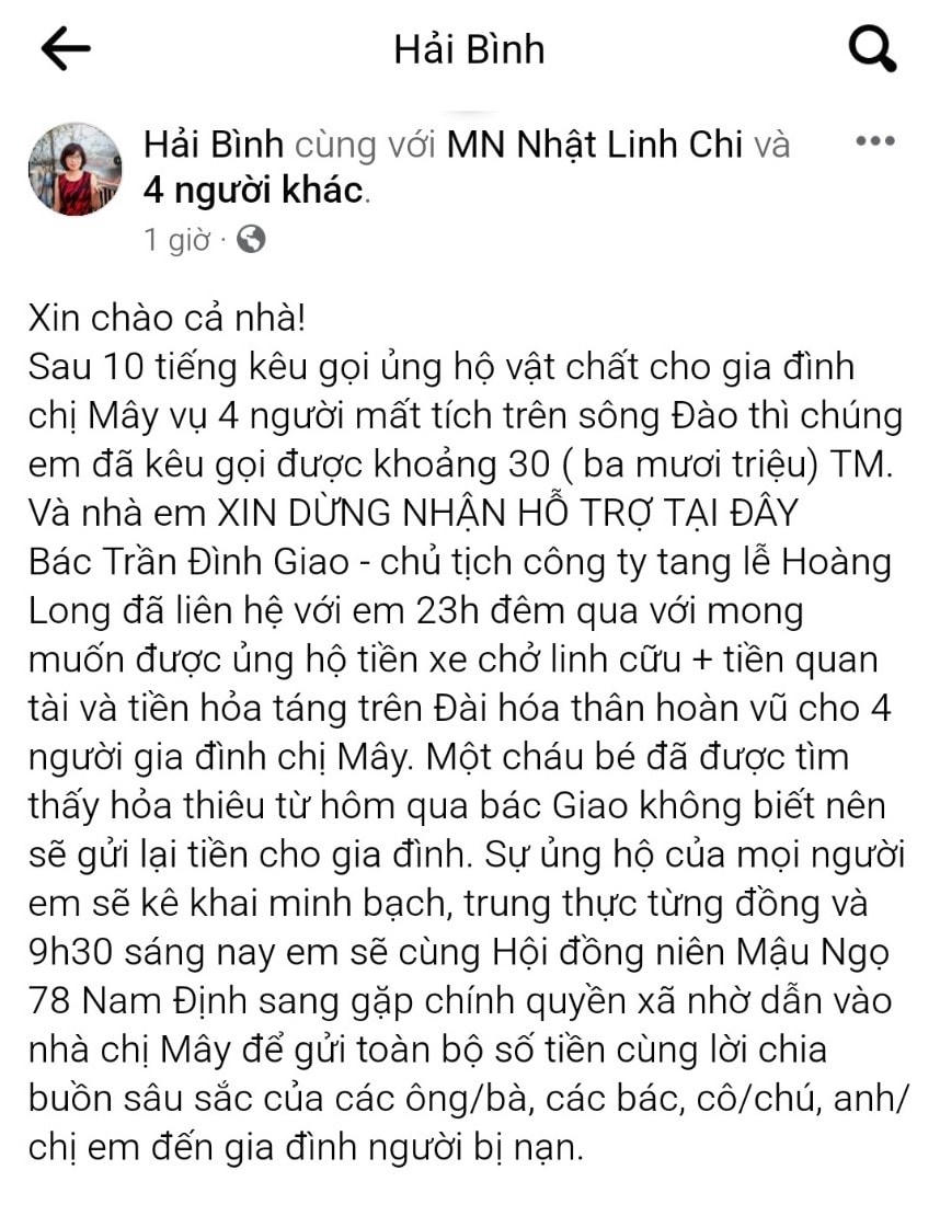 Những ngày qua rất nhiều hoạt động quyên góp ủng hộ, giúp đỡ gia đình nạn nhân được người dân địa phương thực hiện trên mạng xã hội.