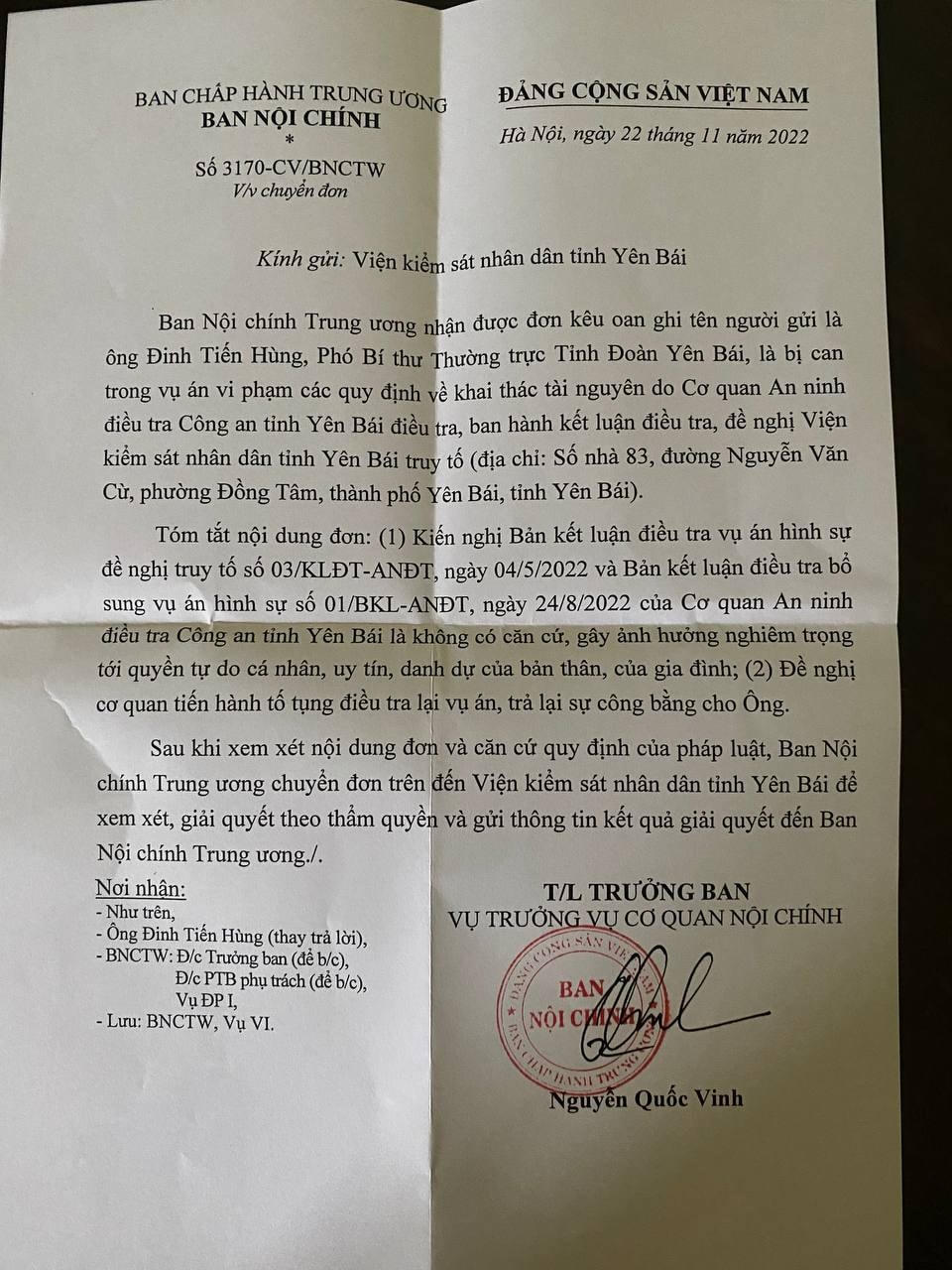 Văn bản của Ban Nội chính Trung ương gửi Viện Kiểm sát nhân dân tỉnh Yên Bái.