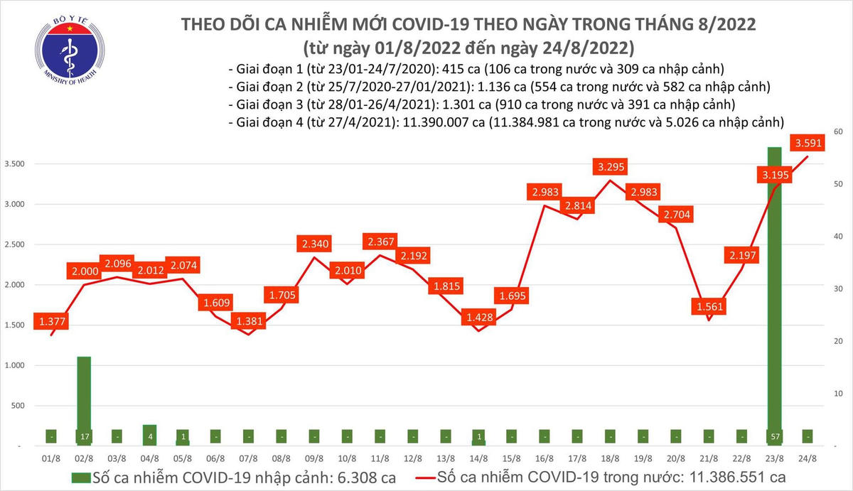 Biểu đồ số ca mắc Covid-19 tại Việt Nam thời gian qua.
