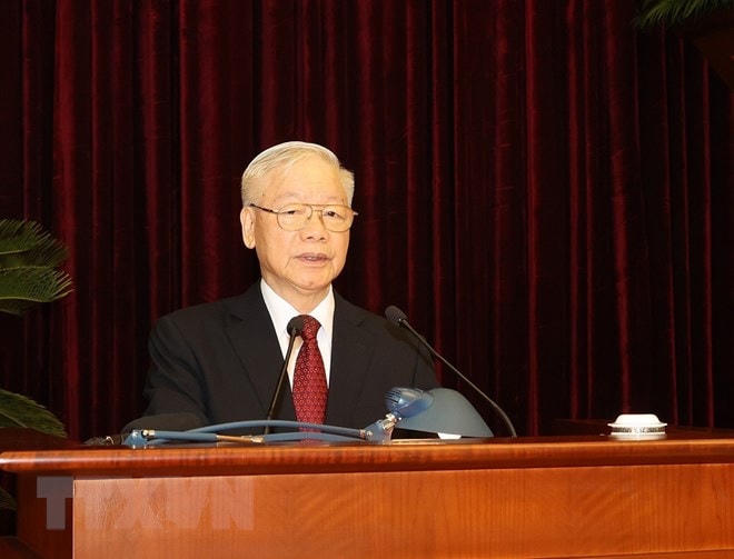 Tổng Bí thư Nguyễn Phú Trọng chủ trì và phát biểu khai mạc Hội nghị lần thứ sáu Ban Chấp hành Trung ương Đảng Cộng sản Việt Nam khóa XIII. Ảnh: Trí Dũng/TTXVN.