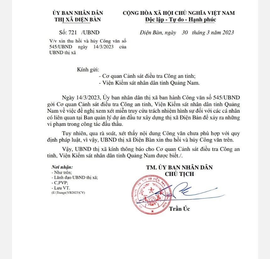 Quảng Nam: Điện Bàn xin hủy công văn miễn truy cứu trách nhiệm hình sự cán bộ Ban quản lý dự án