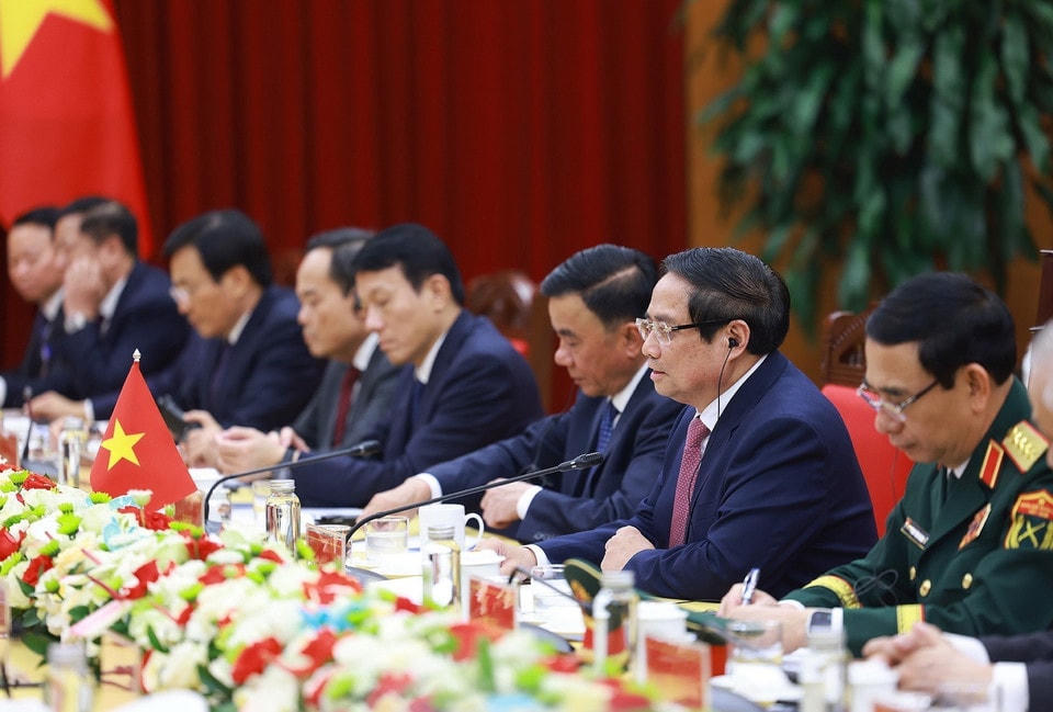 Thủ tướng Phạm Minh Chính phát biểu tại cuộc hội kiến Tổng Bí thư, Chủ tịch nước Trung Quốc Tập Cận Bình. (Ảnh: Dương Giang/TTXVN)