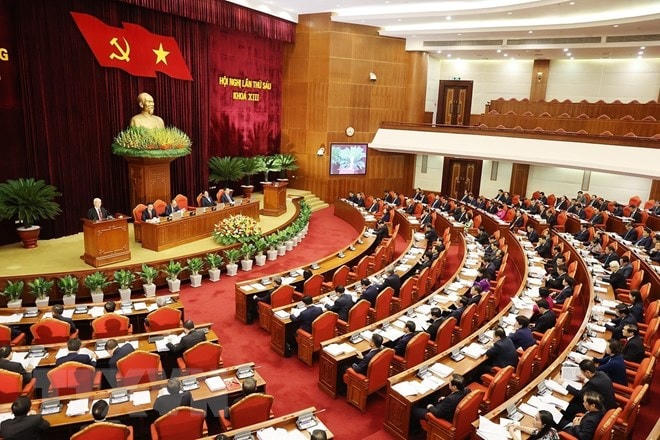 Hội nghị Trung ương lần thứ 6 nhằm hoàn thành về cơ bản việc triển khai nhiệm vụ quán triệt, thực hiện các nội dung, vấn đề lớn, cốt yếu của Nghị quyết Đại hội XIII của Đảng. Ảnh: Trí Dũng/TTXVN.