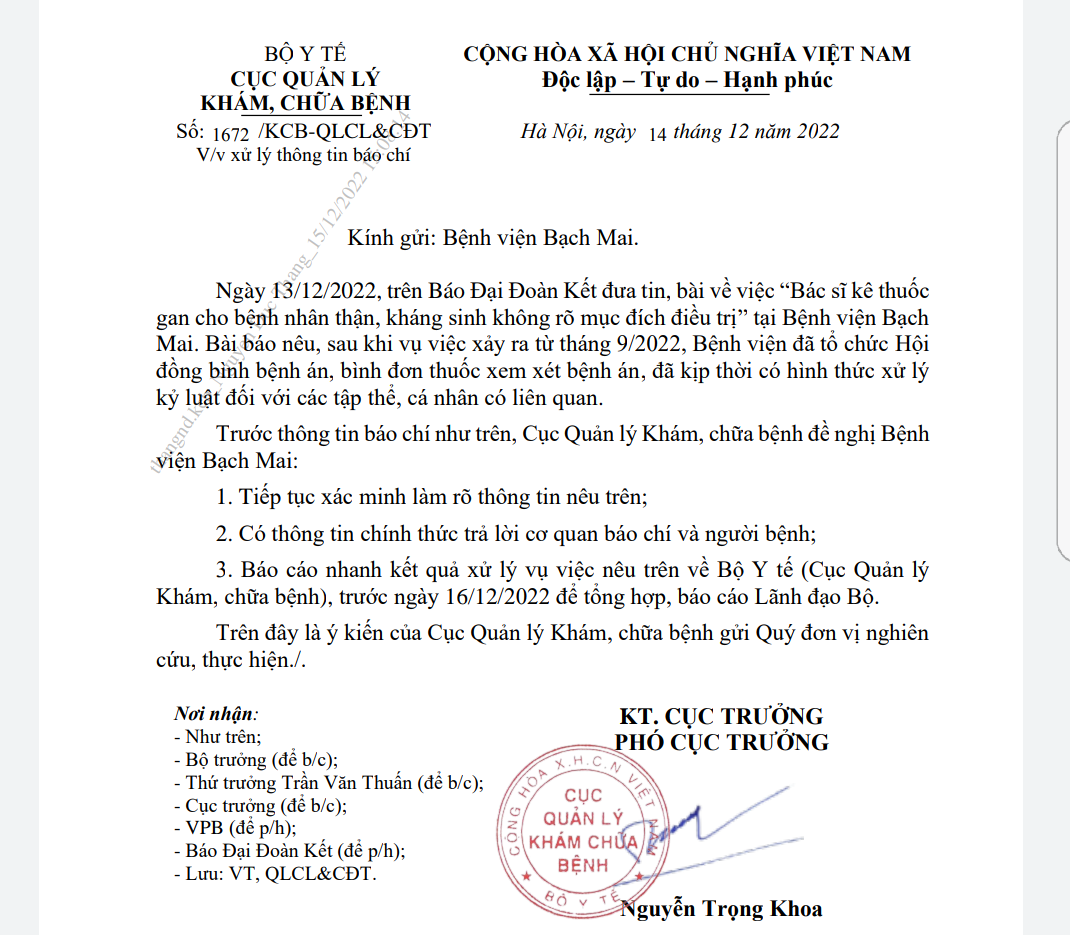 Văn bản yêu cầu Bệnh viện Bạch Mai báo cáo về Bộ Y tế