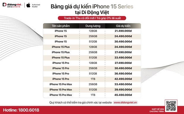 Bảng giá iPhone 15 Series của Di Động Việt.  