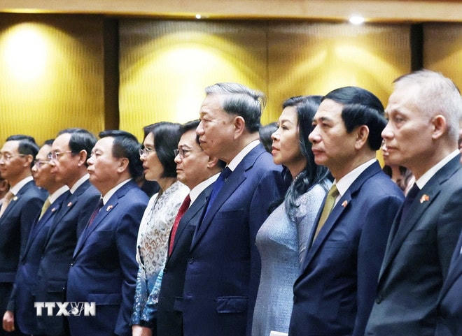 Tổng Bí thư Tô Lâm và Phu nhân; Phó Thủ tướng Singapore Heng Swee Keat và Phu nhân và các đại biểu thực hiện nghi lễ chào cờ. (Ảnh: Thống Nhất/TTXVN) ttxvn-tong-bi-thu-to-lam-va-phu-nhan-du-buoi-hoa-nhac-tai-dai-hoc-quoc-gia-singapore-7909689-2.jpg