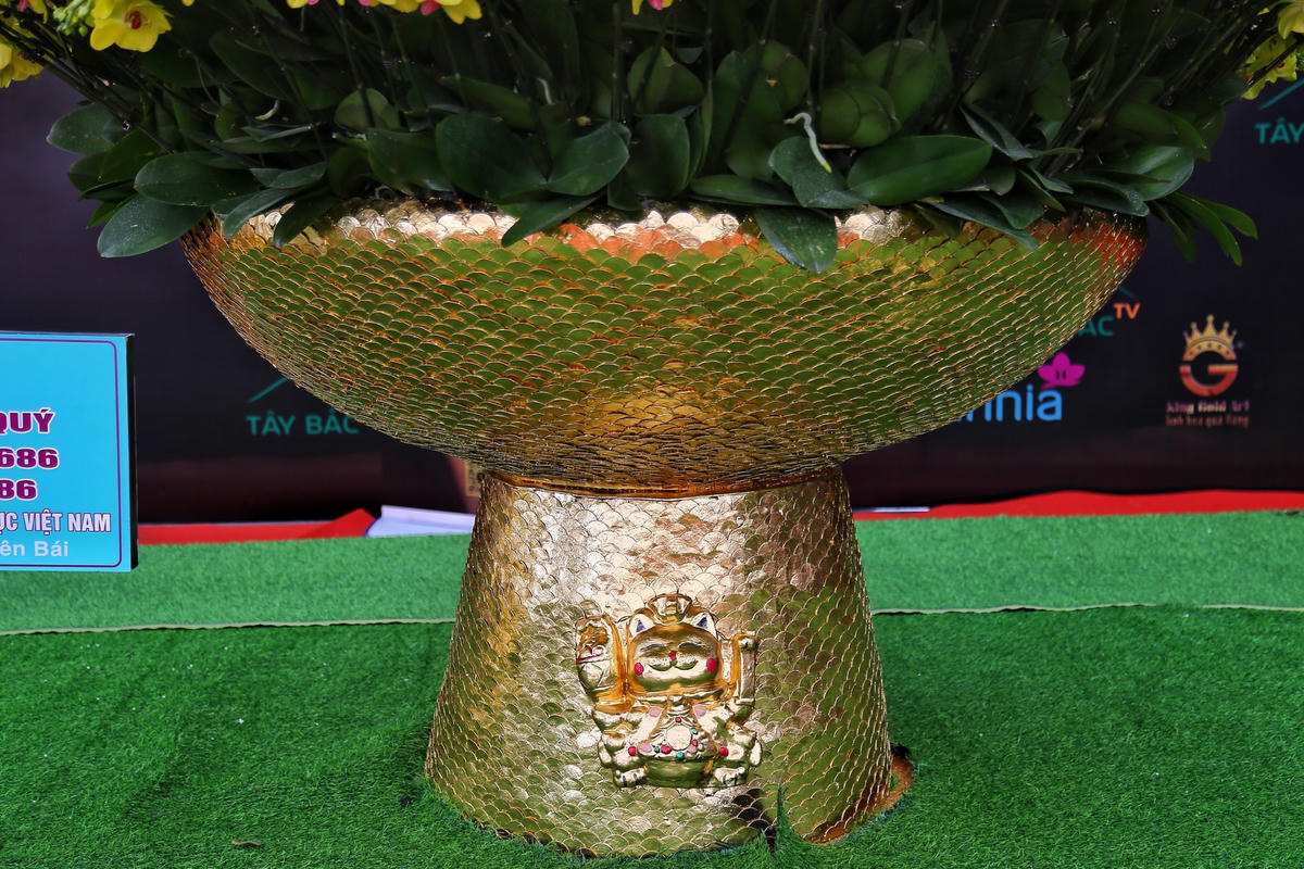 Lý giải vì sao chậu hoa được làm bằng màu vàng anh Nghiệp chia sẻ , chậu hoa màu vàng tượng trưng cho sự ấm cúng, phú quý. Ngoài ra, anh muốn lan tỏa giá trị của hoa lan hồ điệp Đà Lạt là không thua kém hoa lan của các quốc gia khác.